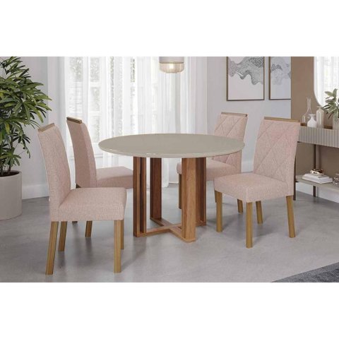 Sala de Jantar Completa Flora Tampo Madeirado C/ Vidro 109cm e 4 Cadeiras Fernanda Cinamomo/off
