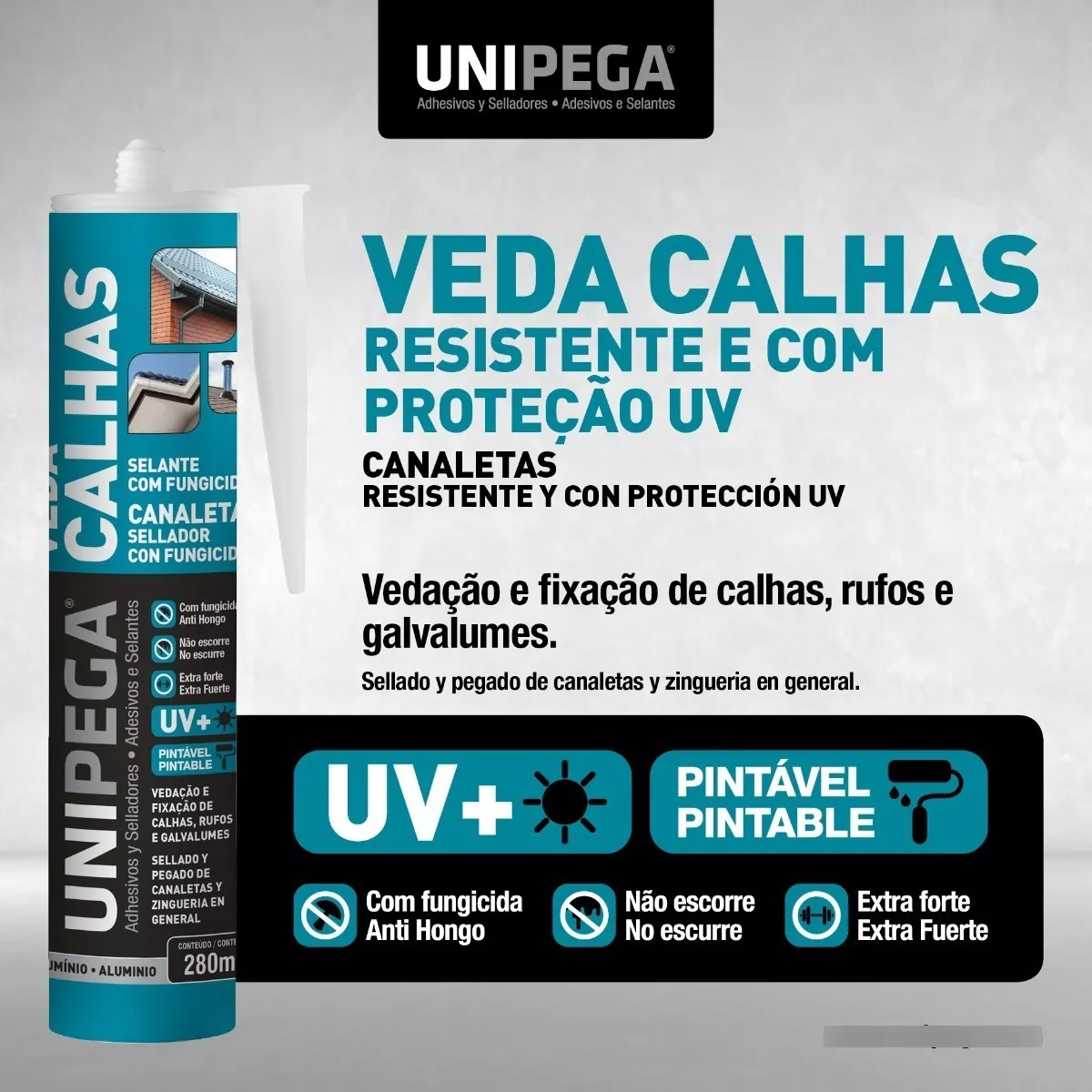 Selante Veda Calhas e Rufos Silicone Adesivo 280ml Unipega Cinza - 9