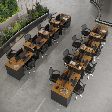 Estação de Trabalho 16 Lugares Office Smart 16 Mesas 12 Armários 4 Aparador - Preto e Cedro