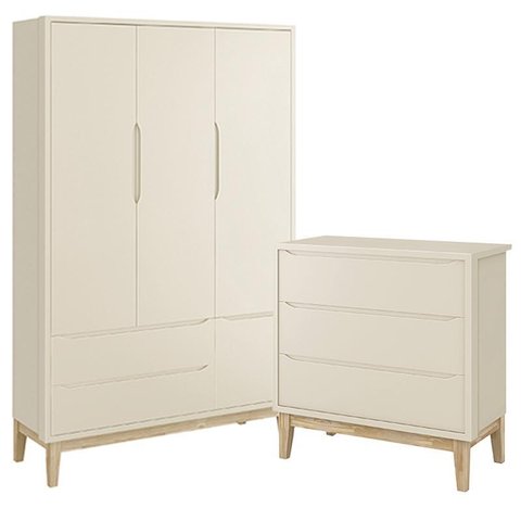 Jogo de Quarto Classic Guarda Roupa 3 Portas e Cômoda 3 Gavetas Areia Fosco com Pés Madeira