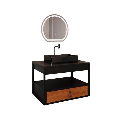 Gabinete Harley com Cuba Torneira Espelho Redondo Led 50cm Preto/nature