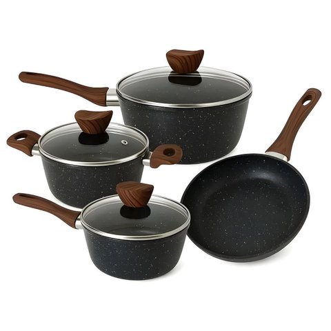 Conjunto de Panelas Antiaderente Preto com Tampa de Vidro - 4 Peças