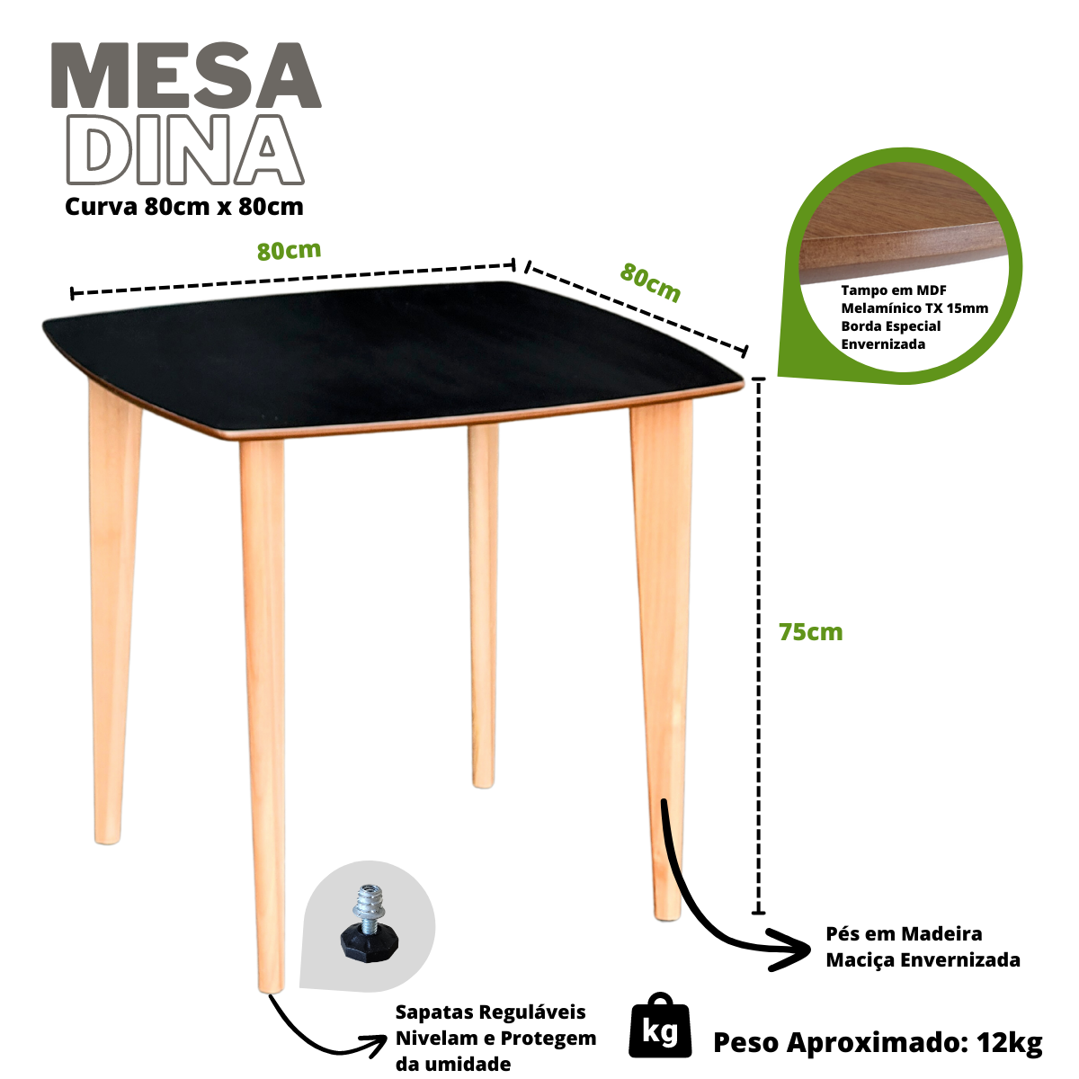 Mesa de Jantar Quadricurva 80x80cm 2 a 4 Lugares em Madeira - Dina - Preta - 2