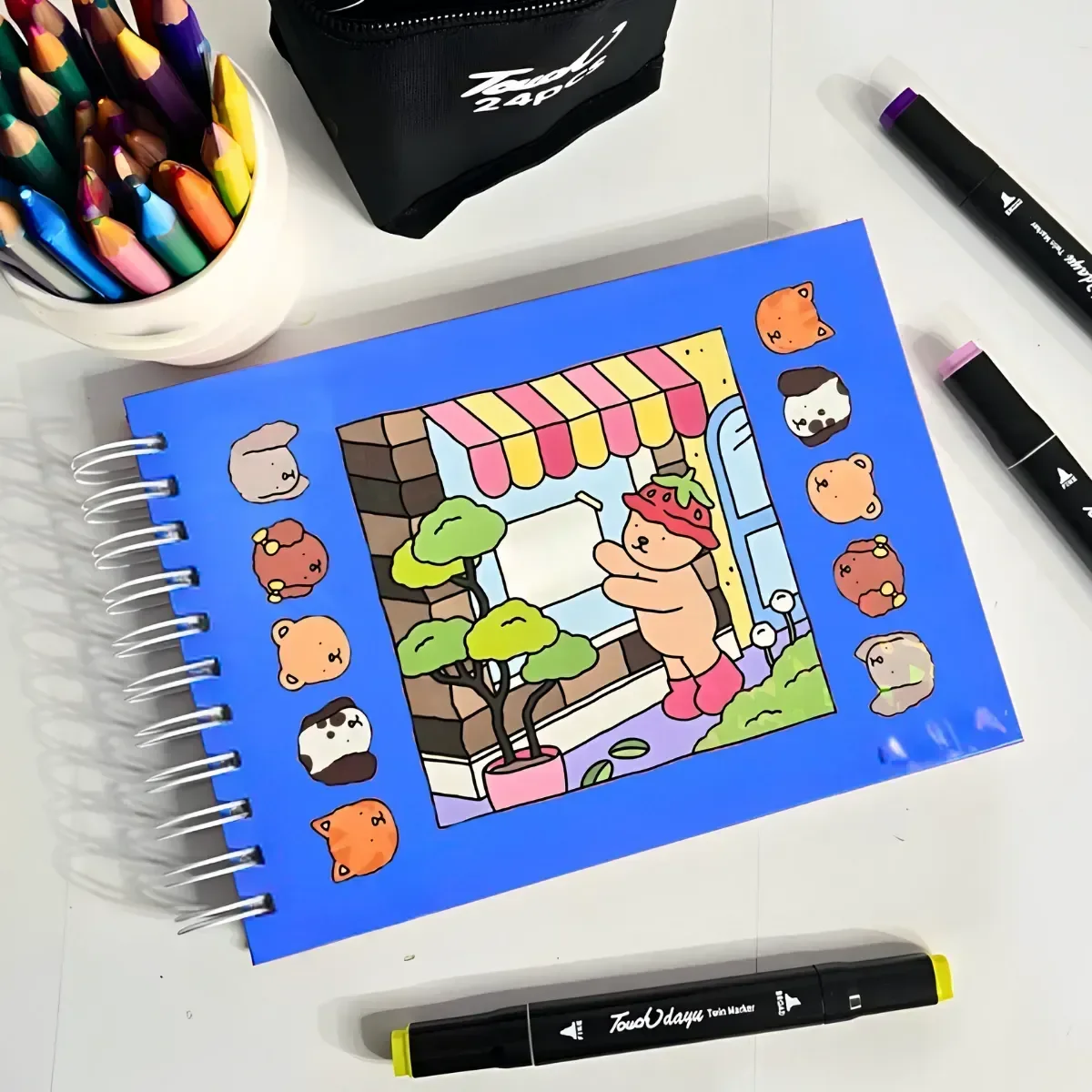 Kit Livro de Colorir Capa Dura + 24 Canetinhas Coloridas- Azul - 3