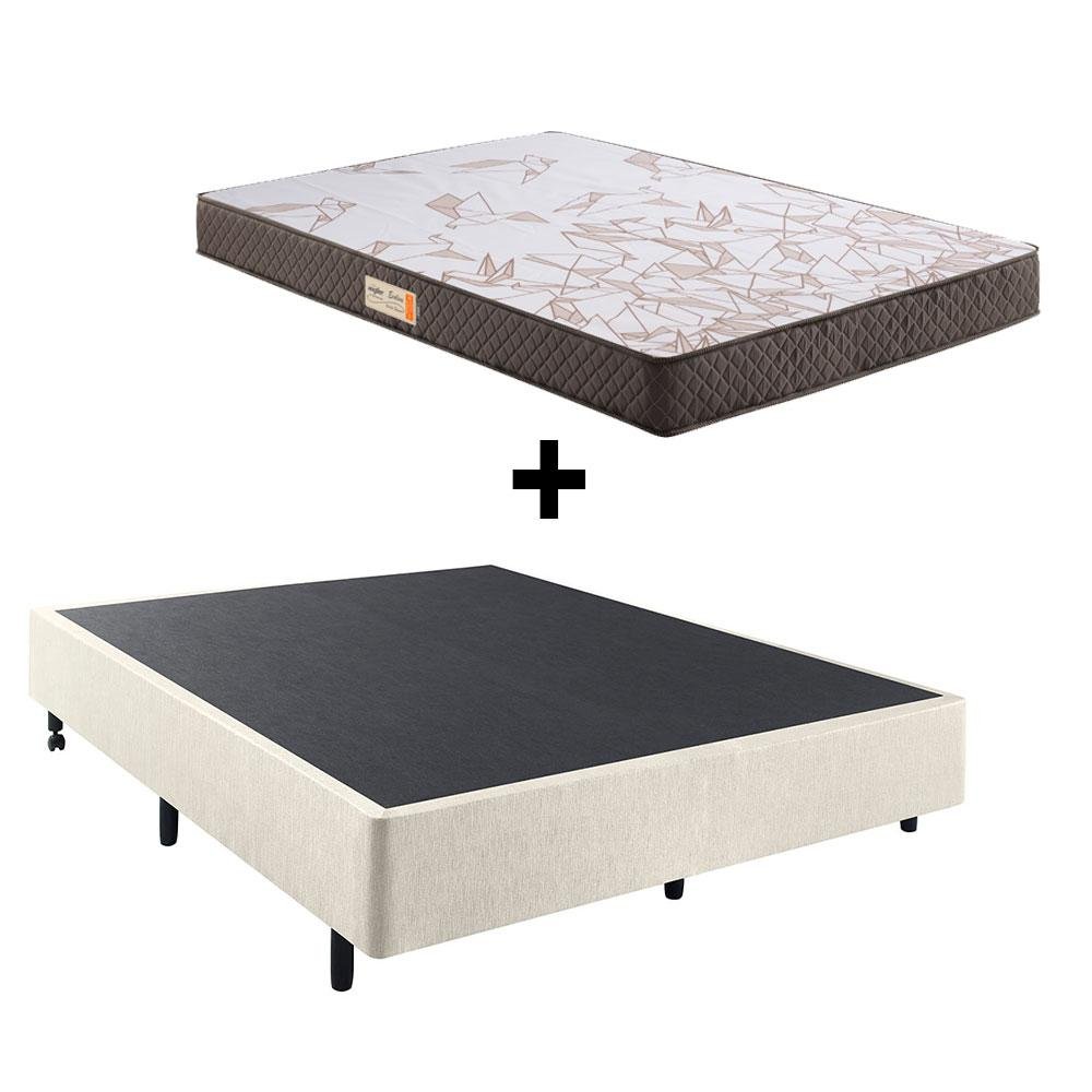 Cama Box Casal Reforçada 138x188 + Colchão Ecoline Ecoflex Espuma D23 Courino Linho