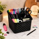 Ver imagem 1 de Organizador de Mesa Rattan Preto 6 Divisorias Cesto Multiuso Porta Talheres Utensilios Cozinha Escri