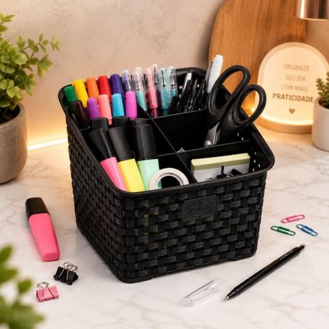 Organizador de Mesa Rattan Preto 6 Divisorias Cesto Multiuso Porta Talheres Utensilios Cozinha Escri