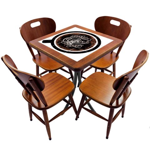 Cj Mesa Madeira Azulejo 60x60cm - Bistrô Fixa 78cm + 4 Cadeiras 43 - Natural - Coffee