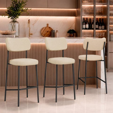 Kit 3 Banquetas Alta Sala de Jantar Lisa Pés Preto Linho Bege m² - Monari Design