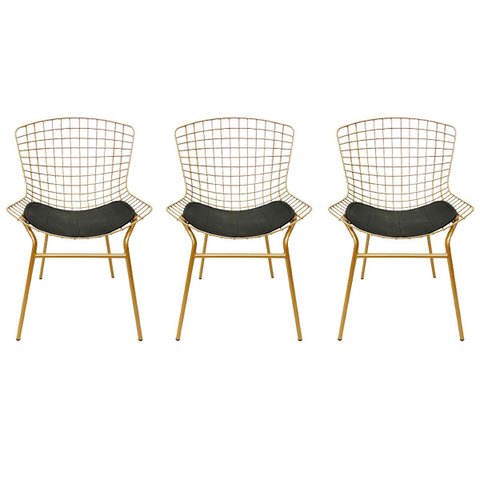 Kit 3 Cadeiras para Cozinha Bertoia Cor Dourado Fosco Assento Preto Tubular Poltronas do Sul