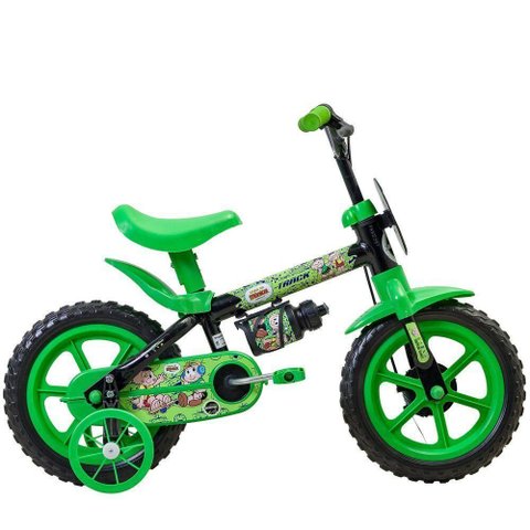 Bicicleta Infantil Aro 12 Cebolinha Freio a Tambor com Garrafinha Preto Verde Track & Bikes