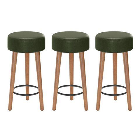Kit 03 Banquetas Baixa Estofada Pés De Madeira Verde