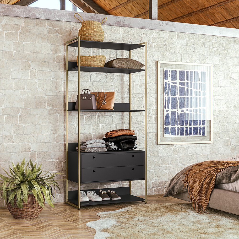 Estante P/ Livros Industrial Olivar 2 Gavetas 5 Prateleiras 89cm - Preto - 2