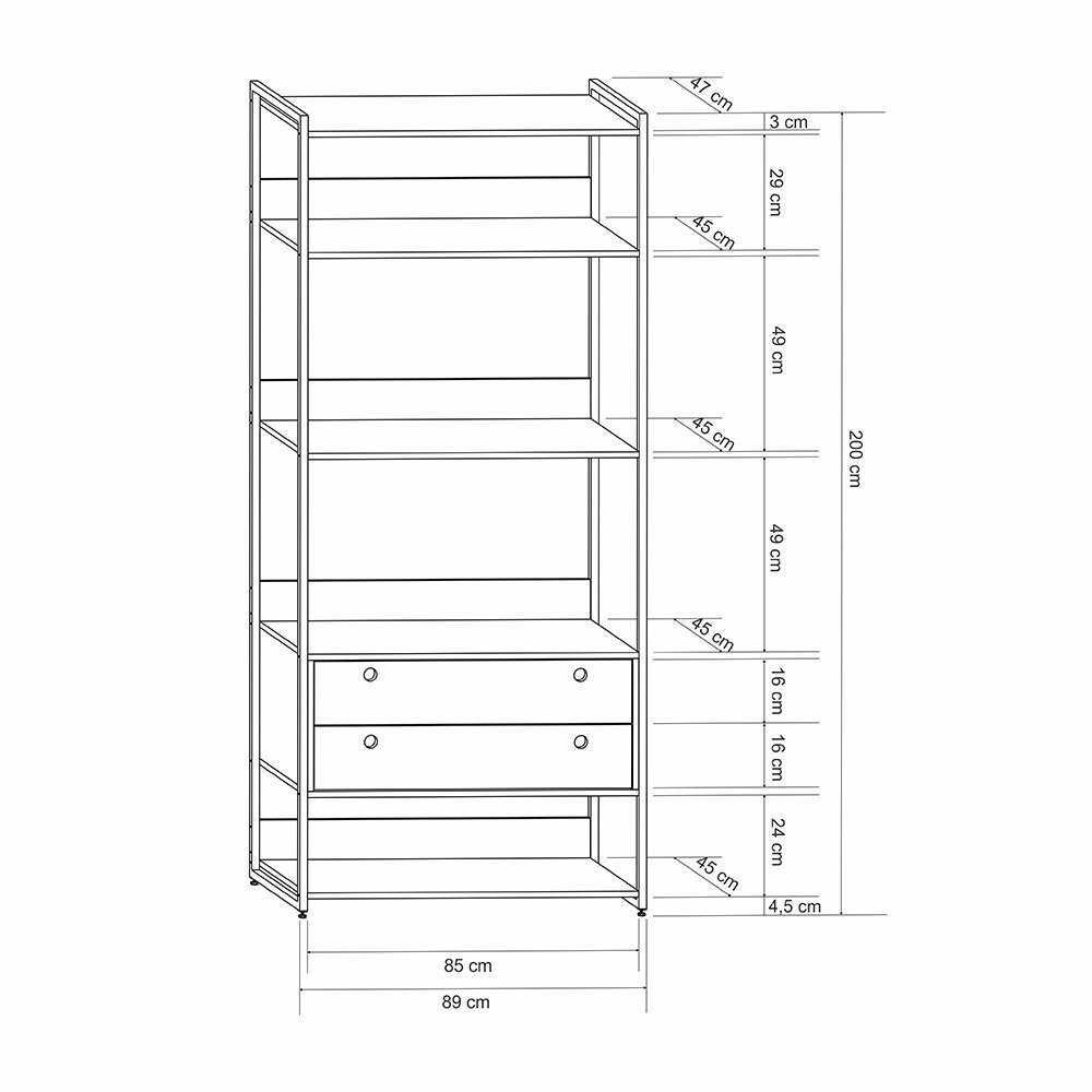 Estante P/ Livros Industrial Olivar 2 Gavetas 5 Prateleiras 89cm - Preto - 5