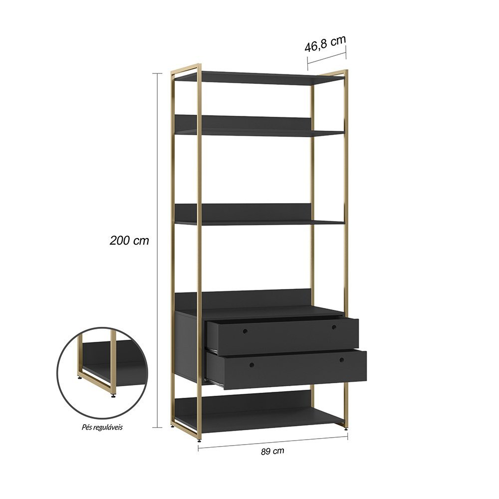 Estante P/ Livros Industrial Olivar 2 Gavetas 5 Prateleiras 89cm - Preto - 4