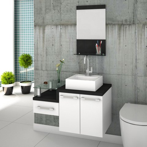Gabinete para Banheiro 2 Portas 1 Gaveta com Cuba Q35 e Espelheira Legno 831W Espresso Móveis Branco/Preto Onix