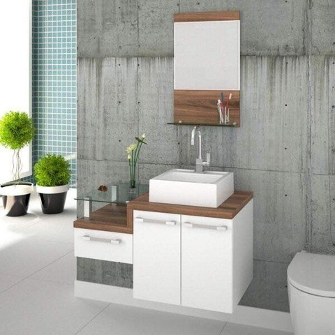 Gabinete para Banheiro 2 Portas 1 Gaveta com Cuba Q35 e Espelheira Legno 831W Espresso Móveis Branco/Nogal