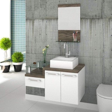 Gabinete para Banheiro 2 Portas 1 Gaveta com Cuba Q35 e Espelheira Legno 831W Espresso Móveis Branco/Carvalho Dark