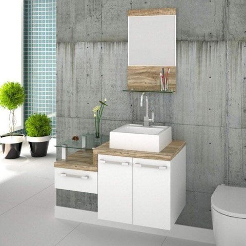 Gabinete para Banheiro 2 Portas 1 Gaveta com Cuba Q35 e Espelheira Legno 831W Espresso Móveis Branco/Carvalho