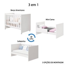 Berço Americano Katatau Multifuncional 3 em 1 Vira Mini Cama e Sofazinho Infantil Reller Branco - 3