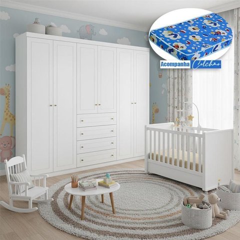 Berço Tutto New com Guarda Roupa Americano Ambiente 6 Portas Branco Fosco e Colchão Ortobom -