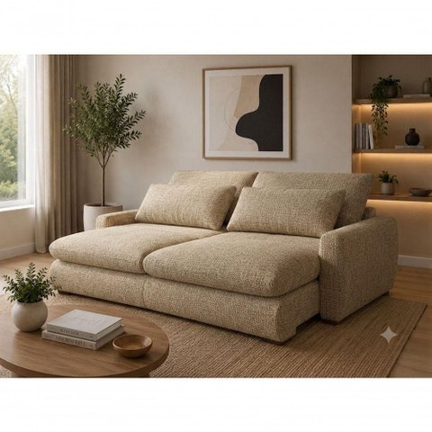 Sofá com Chaise Curve 3 Lugares Retrátil 250cm Caramelo Linho