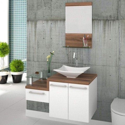 Conjunto para Banheiro Gabinete com Cuba Folha Lux L38 e Espelheira Legno 831W Branco/Nogal