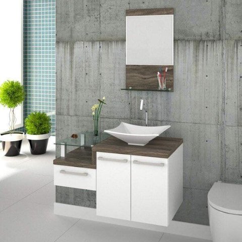 Conjunto para Banheiro Gabinete com Cuba Folha Lux L38 e Espelheira Legno 831W Branco/Carvalho Dark