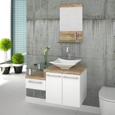 Conjunto para Banheiro Gabinete com Cuba Folha Lux L38 e Espelheira Legno 831W Branco/Carvalho