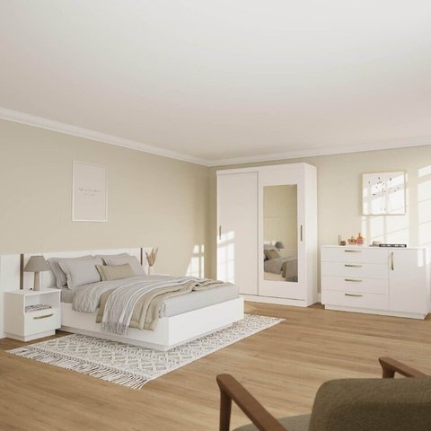 Kit Guarda Roupas 2 Portas, Cama Casal e Complementos de Quarto Araçá CabeCasa MadeiraOriginals Branco