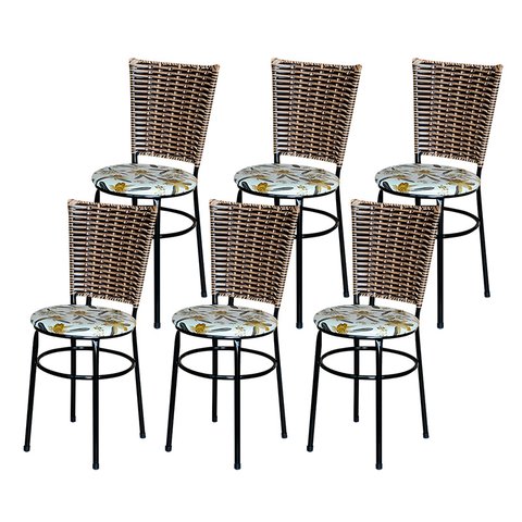 6 Cadeiras para Mesa Preta Hawai Avelã Assento Floral:floral Orquídea