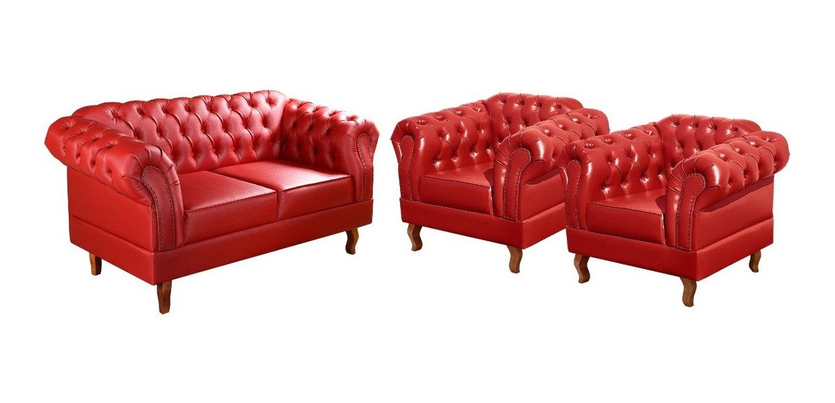 Sofá 2 Lugares Com 2 Poltronas Chesterfield Capitonê Dom Pedro - Couríssimo Vermelho