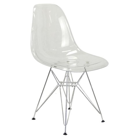 Cadeira Eames Cristal Transparente Eiffel Base Metal Cromado Cinza