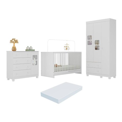 Quarto de Bebê Completo com Berço 3 em 1 com Colchão Incluso Sol Multimóveis Mp4542 Branco