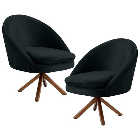 2 Poltronas Giratórias Base Madeira B-300 Veludo Preto Domi