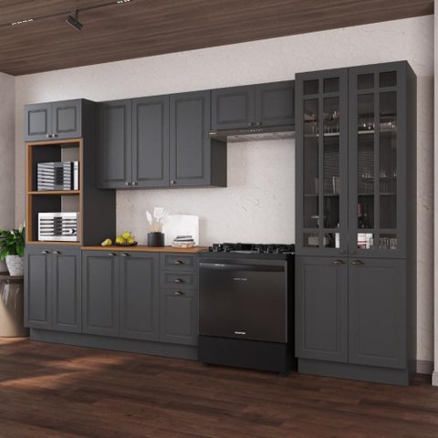 Armário de Cozinha Modulada Completa Fidelitá Nara 100% MDF 5 Peças 350cm 16 Portas 2 Gavetas com
