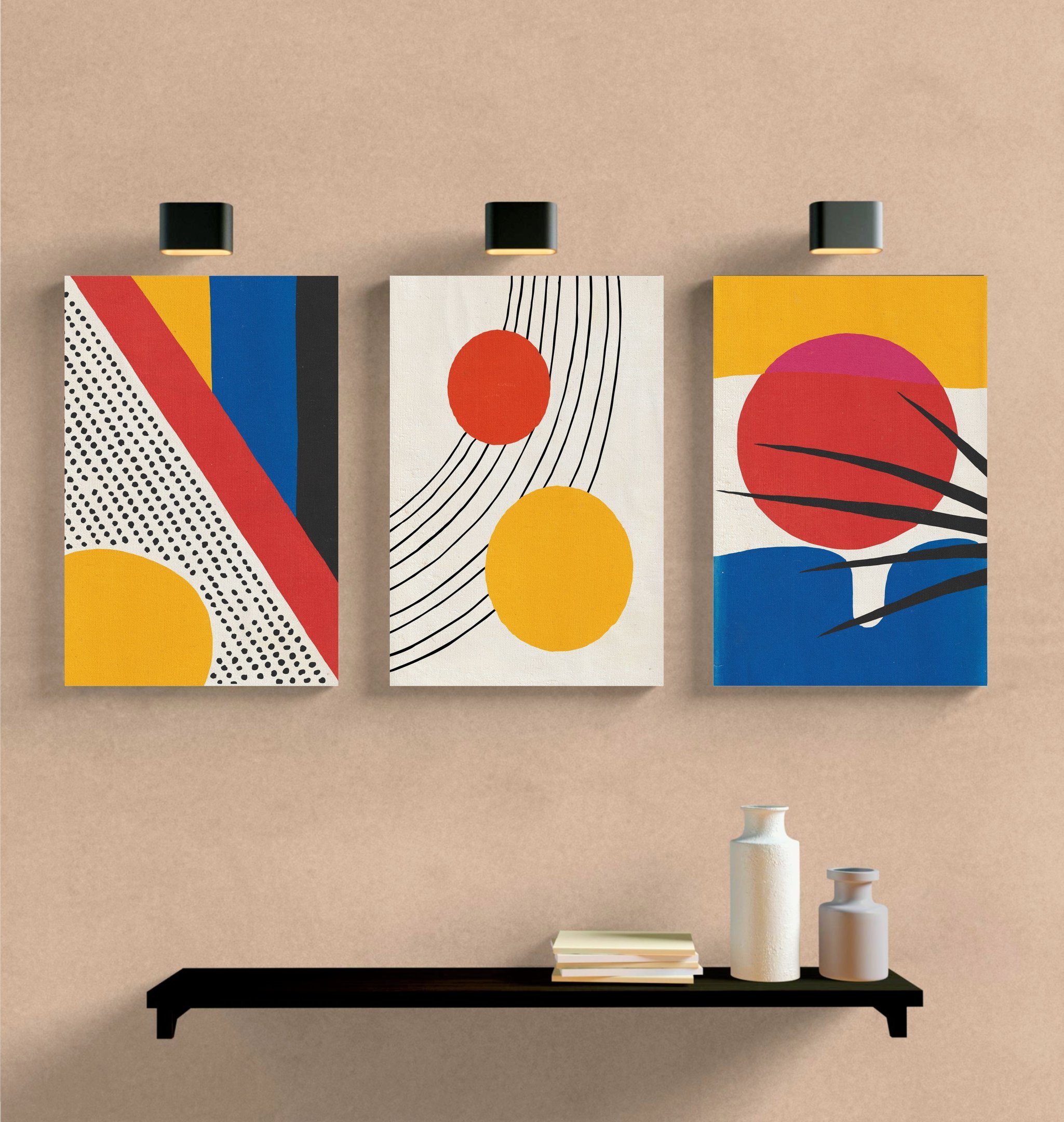 Conjunto com 3 lindos quadros pintados a mão em estilo painel figurativo minimalista medindo 45x30cm - 2