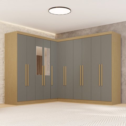 Guarda-Roupa de Canto com Espelho Modulado 11 Portas 4 Gavetas Espanha Cinza/Jequitibá/Granizo