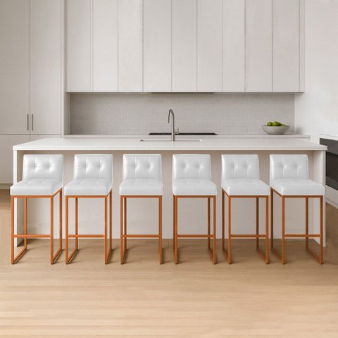 Banqueta Cozinha Alta com Encosto Industrial Kit 6 Bronze Lirina Pu Branco C05 - D'Rossi