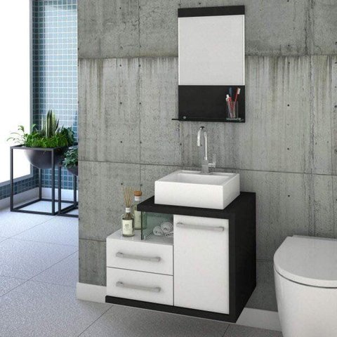 Gabinete para Banheiro 1 Porta 2 Gavetas 1 Cuba Q35 e Espelheira Legno 651W Espresso Móveis Branco