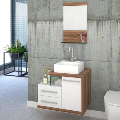 Gabinete para Banheiro 1 Porta 2 Gavetas 1 Cuba Q35 e Espelheira Legno 651W Espresso Móveis Branco