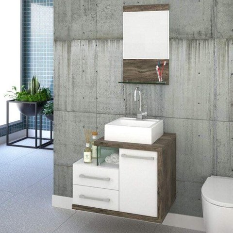 Gabinete para Banheiro 1 Porta 2 Gavetas 1 Cuba Q35 e Espelheira Legno 651W Espresso Móveis Branco