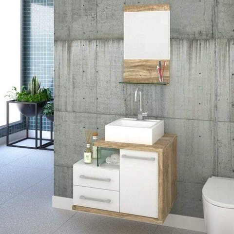 Gabinete para Banheiro 1 Porta 2 Gavetas 1 Cuba Q35 e Espelheira Legno 651W Espresso Móveis Branco