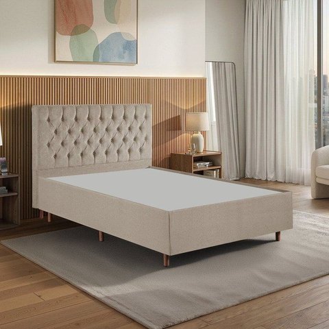 Kit Cama Box Casal e Cabeceira em Madeira Maciça Estofada Espresso Móveis Bege/Linho