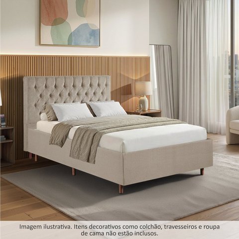 Kit Cama Box Casal e Cabeceira em Madeira Maciça Estofada Espresso Móveis Bege/Linho