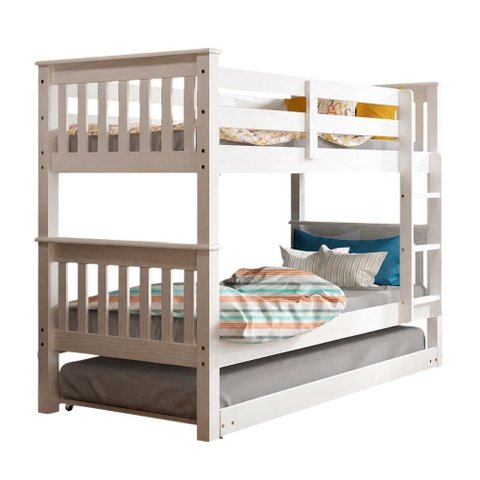 Beliche com 3 Colchões D20 e Cama Auxiliar Madeira Maciça Branco Lavado Rústico Piratini Ortobom