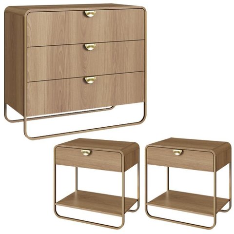 Comoda e 02 Mesas de Cabeceira Organica Artesano Hanover Dourado