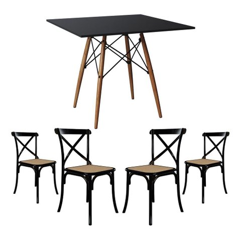 Jogo de Mesa Eiffel Quadrado Tampo de Madeira 90cm Preto com 4 Cadeiras Katrina Preto Assento Bege