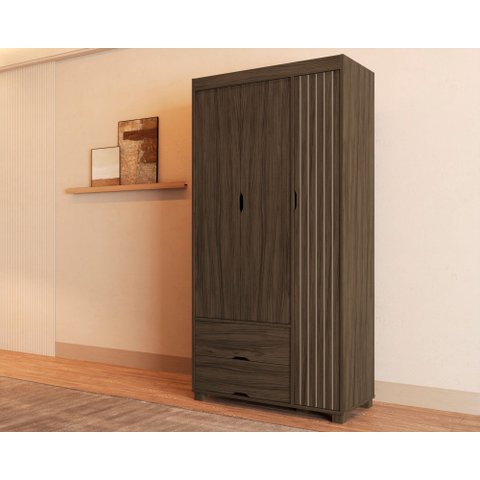 Guarda Roupa Roupeiro Bela Castanho 3 Portas 2 Gavetas Resistente de Mdf com Designer Ripado