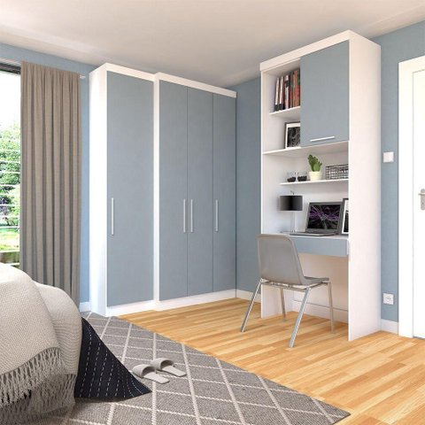 Guarda Roupas e Bancada Home Office Modulado Alpes 5 Portas de Bater 3 Gavetas MDP Branco Pf e Grey